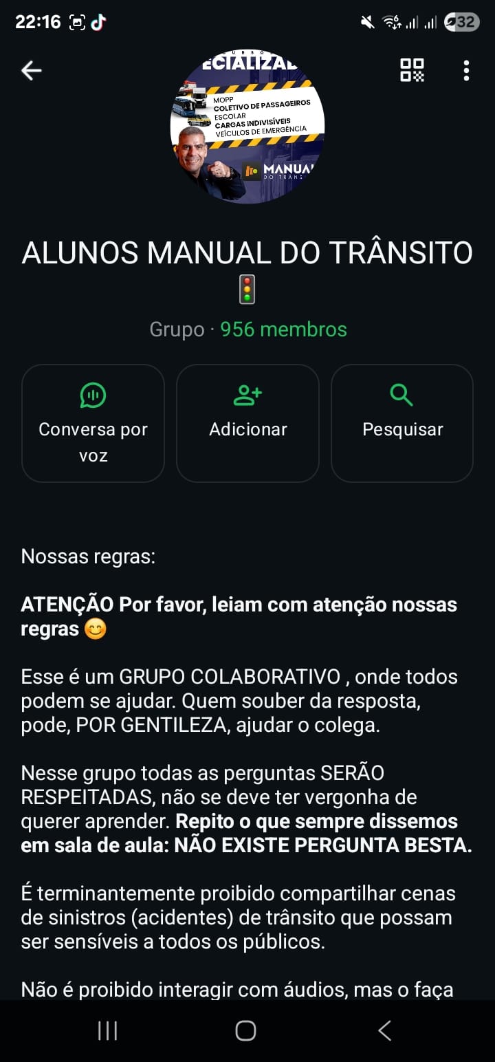 Grupo de WhatsApp ALUNOS MANUAL DO TRÂNSITO com 956 membros